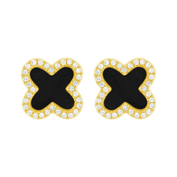 14K GOLD DIAMOND ONYX EVA CLOVER STUDS