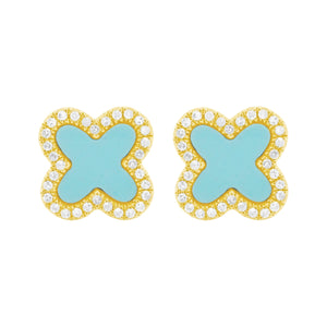 14K GOLD DIAMOND TURQUOISE EVA CLOVER STUDS