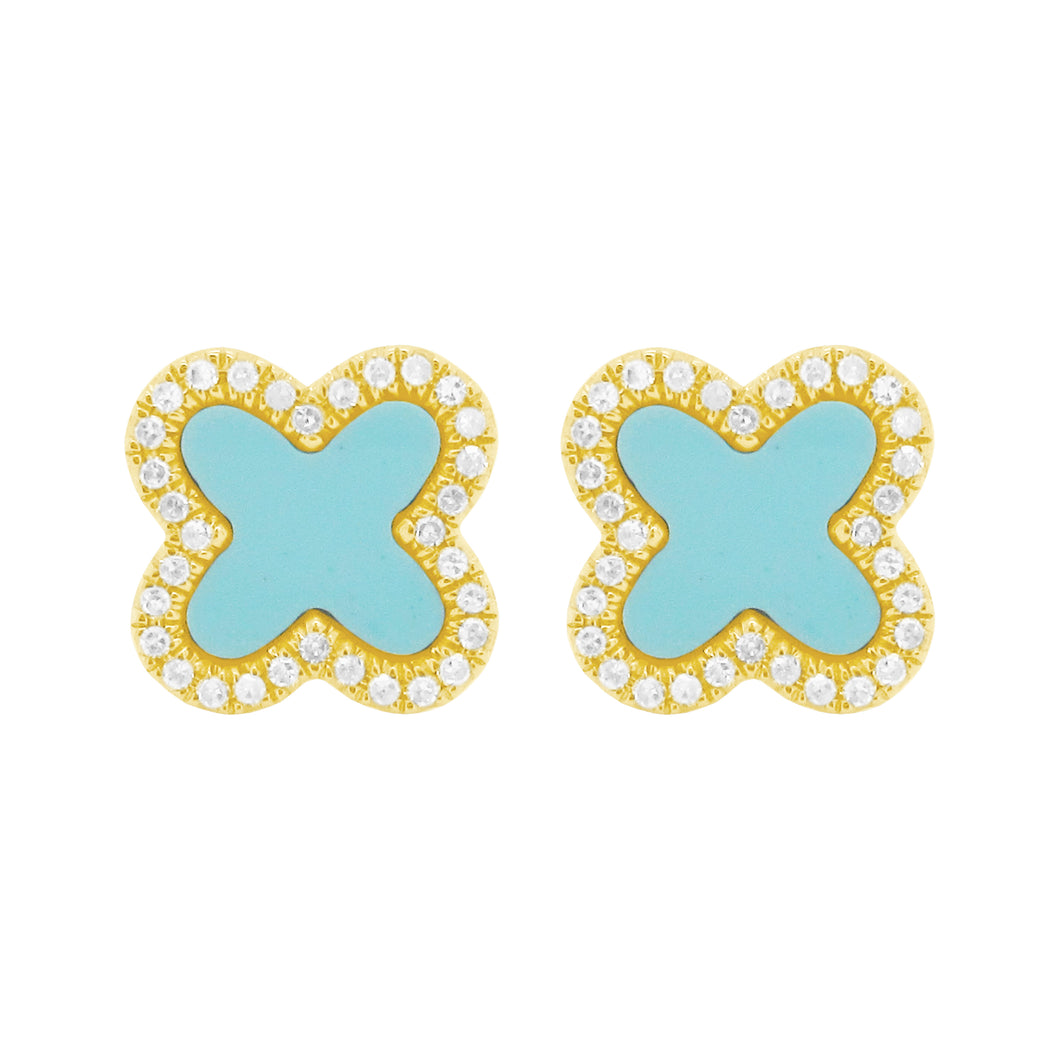 14K GOLD DIAMOND TURQUOISE EVA CLOVER STUDS