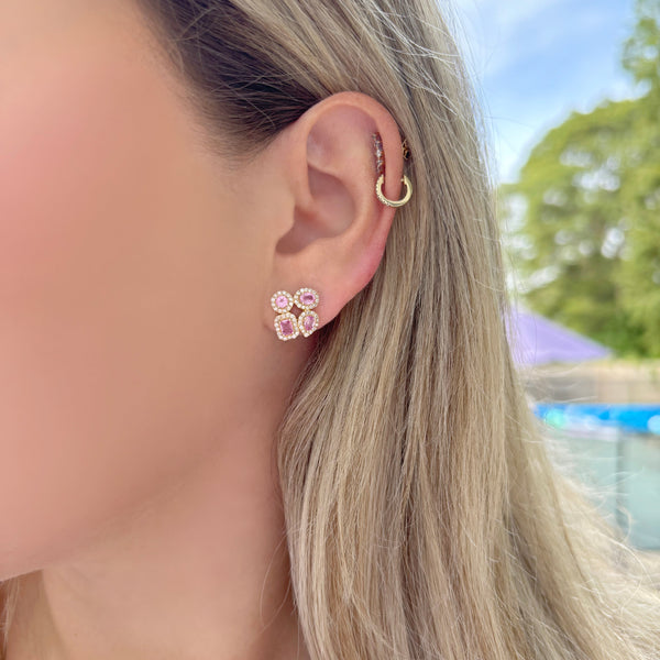 14K GOLD DIAMOND PINK SAPPHIRE SMALL RACQUI STUDS