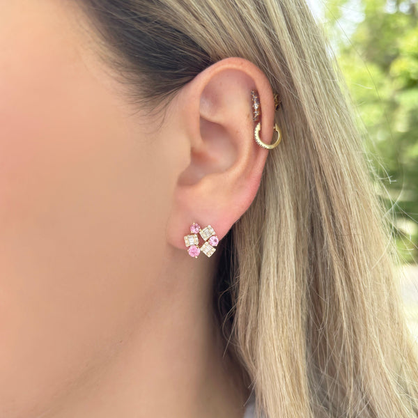 14K GOLD DIAMOND PINK SAPPHIRE WINNIE STUDS
