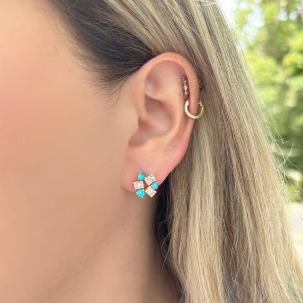 14K GOLD DIAMOND TURQUOISE WINNIE STUDS