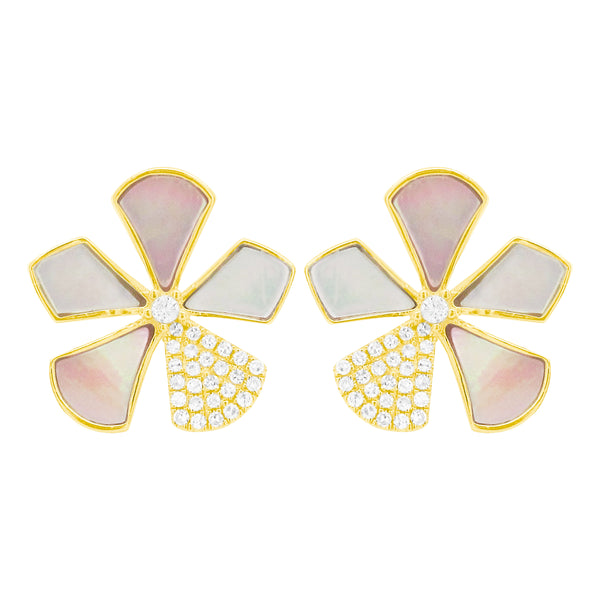 14K GOLD DIAMOND MOTHER OF PEARL AND PINK MOTHER OF PEARL DALE FLOWER STUDS