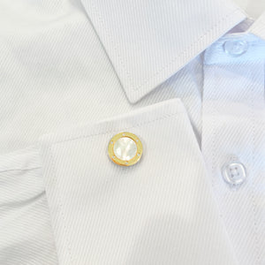 14K GOLD DIAMOND WHITE MOTHER OF PEARL ELLIOT CIRCLE CUFFLINKS