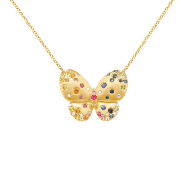 14K GOLD DIAMOND MULTICOLOR SAPPHIRE CONFETTI BUTTERFLY NECKLACE