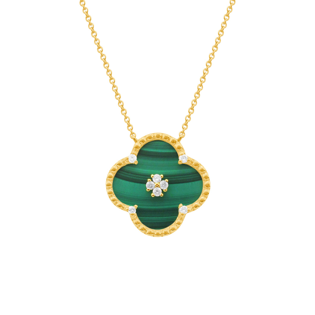 14K GOLD DIAMOND MALACHITE BRIA CLOVER NECKLACE