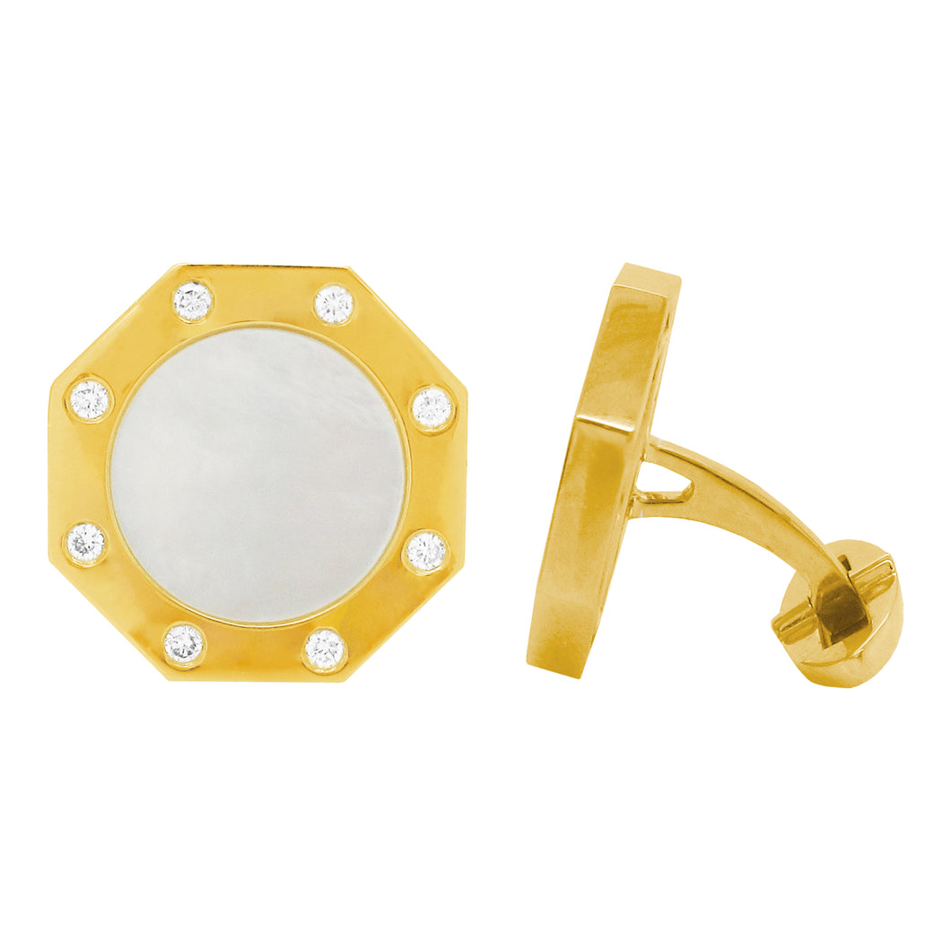 14K GOLD DIAMOND WHITE MOTHER OF PEARL ELLIOT CUFFLINKS