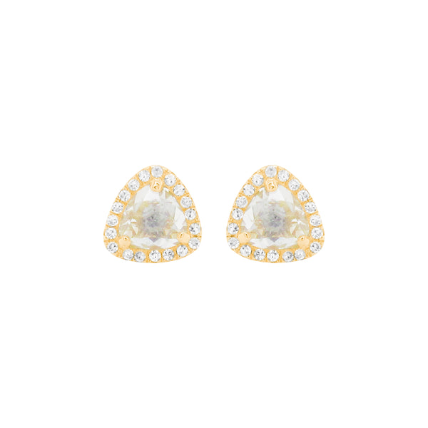 14K GOLD DIAMOND AND WHITE TOPAZ MINI TRIANGLE STUDS