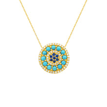 14K GOLD DIAMOND SAPPHIRE AND TURQUOISE LAURA EYE NECKLACE