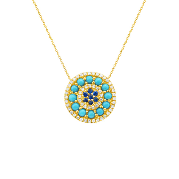 14K GOLD DIAMOND SAPPHIRE AND TURQUOISE LAURA EYE NECKLACE