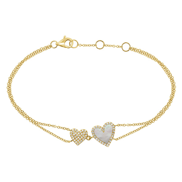 14K GOLD DIAMOND MOTHER OF PEARL DOUBLE HAILEY HEART BRACELET