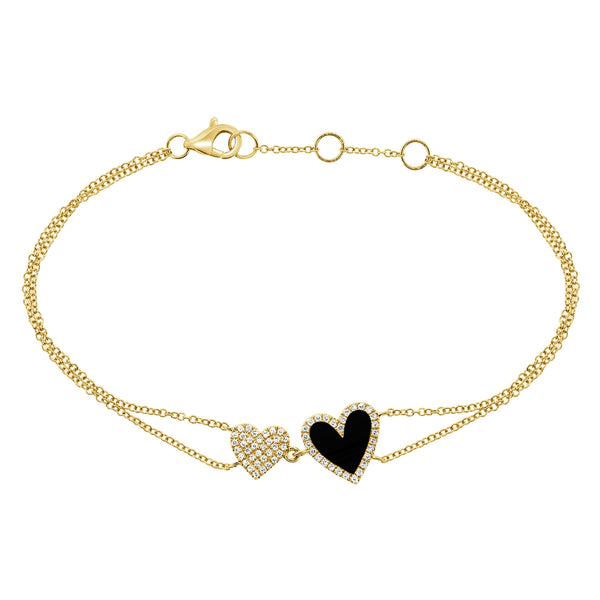 14k GOLD DIAMOND AND ONYX DOUBLE HAILEY HEART BRACELET