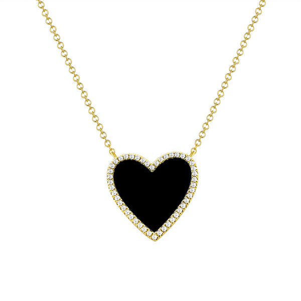 14K GOLD DIAMOND ONYX MEDIUM HAILEY HEART NECKLACE