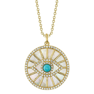 14K GOLD DIAMOND TURQUOISE AND MOTHER OF PEARL REESA EYE NECKLACE