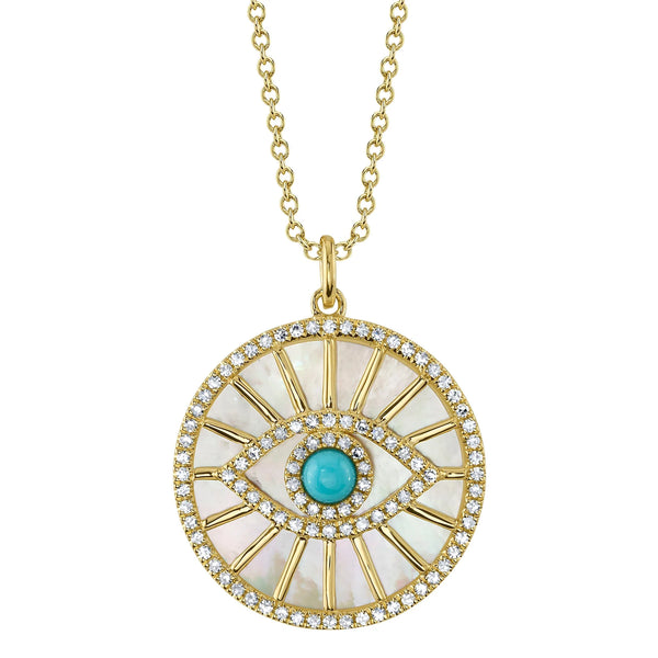 14K GOLD DIAMOND TURQUOISE AND MOTHER OF PEARL REESA EYE NECKLACE