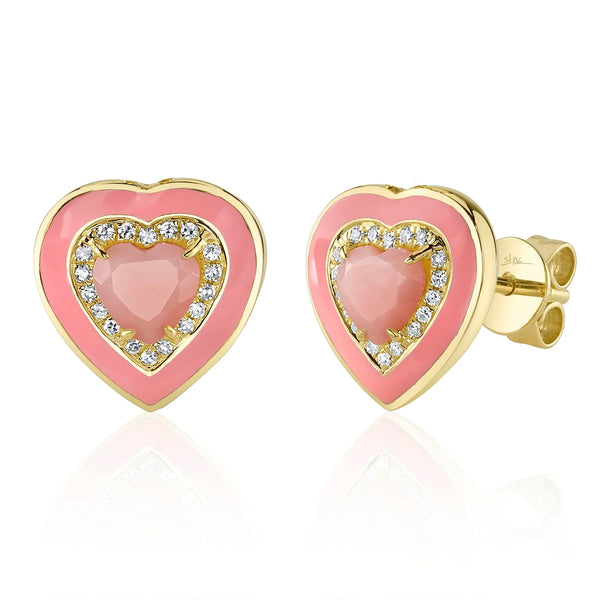 14K GOLD DIAMOND PINK OPAL AND PINK ENAMEL LENI HEART STUDS