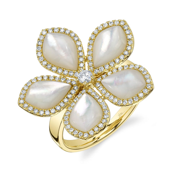 14K GOLD DIAMOND MOTHER OF PEARL CAMI FLOWER RING