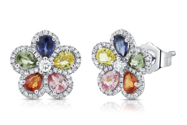 14K GOLD DIAMOND MULTI COLOR SAPPHIRE DARA FLOWER STUDS