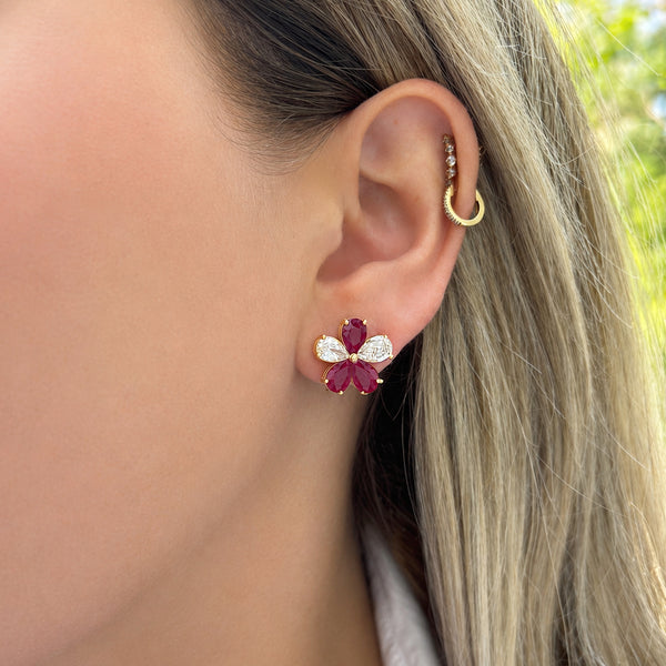 14K GOLD DIAMOND RUBY LARGE OLIVIA FLOWER EARRINGS