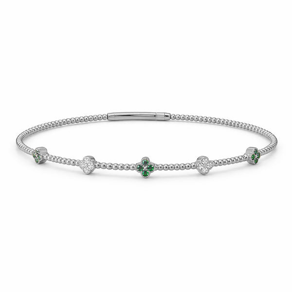 14K GOLD DIAMOND EMERALD CLOVER FLEX BANGLE