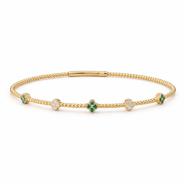 14K GOLD DIAMOND EMERALD CLOVER FLEX BANGLE