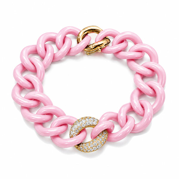 14K GOLD DIAMOND PINK CERAMIC CUBAN BRACELET