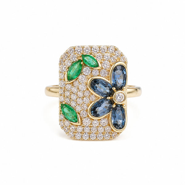 14K GOLD DIAMOND BLUE SAPPHIRE EMERALD RAYLEE FLOWER RING