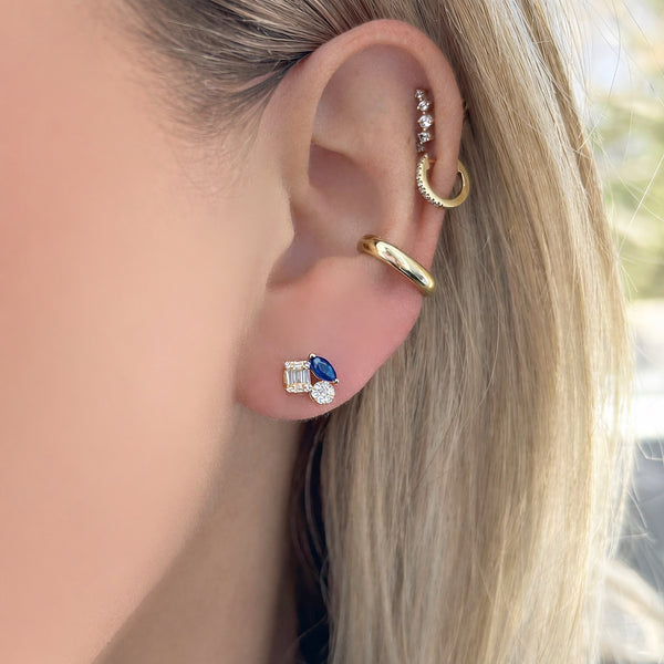14K GOLD DIAMOND BLUE SAPPHIRE FINNY STUDS