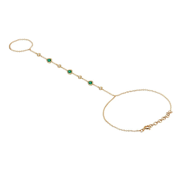 14K GOLD DIAMOND AND EMERALD HAND CHAIN