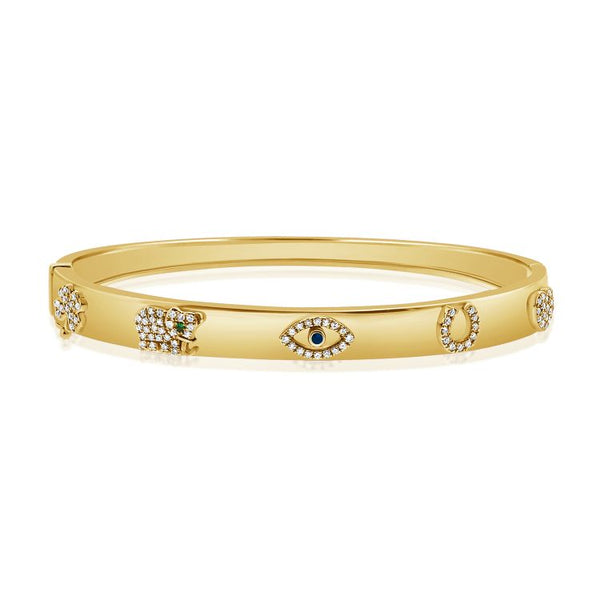 14K GOLD DIAMOND SAPPHIRE AND TSAVORITE LUCKY CHARM BANGLE