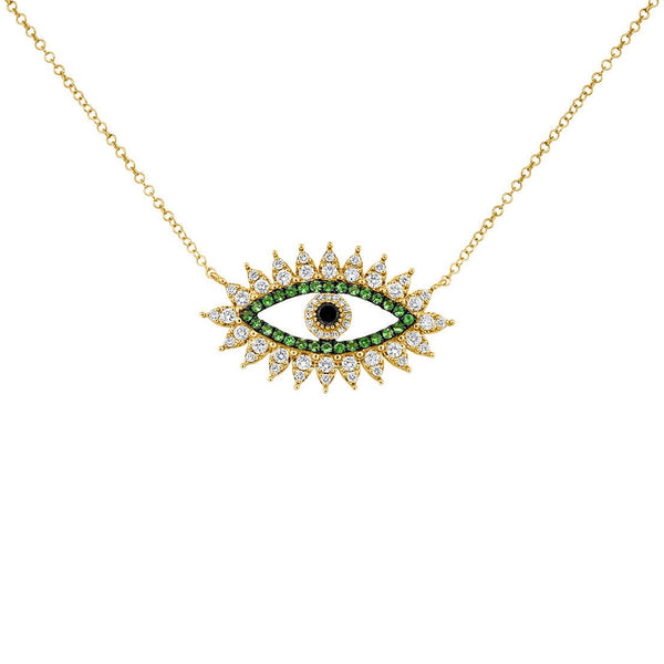 14K GOLD DIAMOND EMERALD AND BLACK DIAMOND EVIL EYE NECKLACE