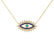 14K GOLD DIAMOND SAPPHIRE AND TURQUOISE EVIL EYE NECKLACE