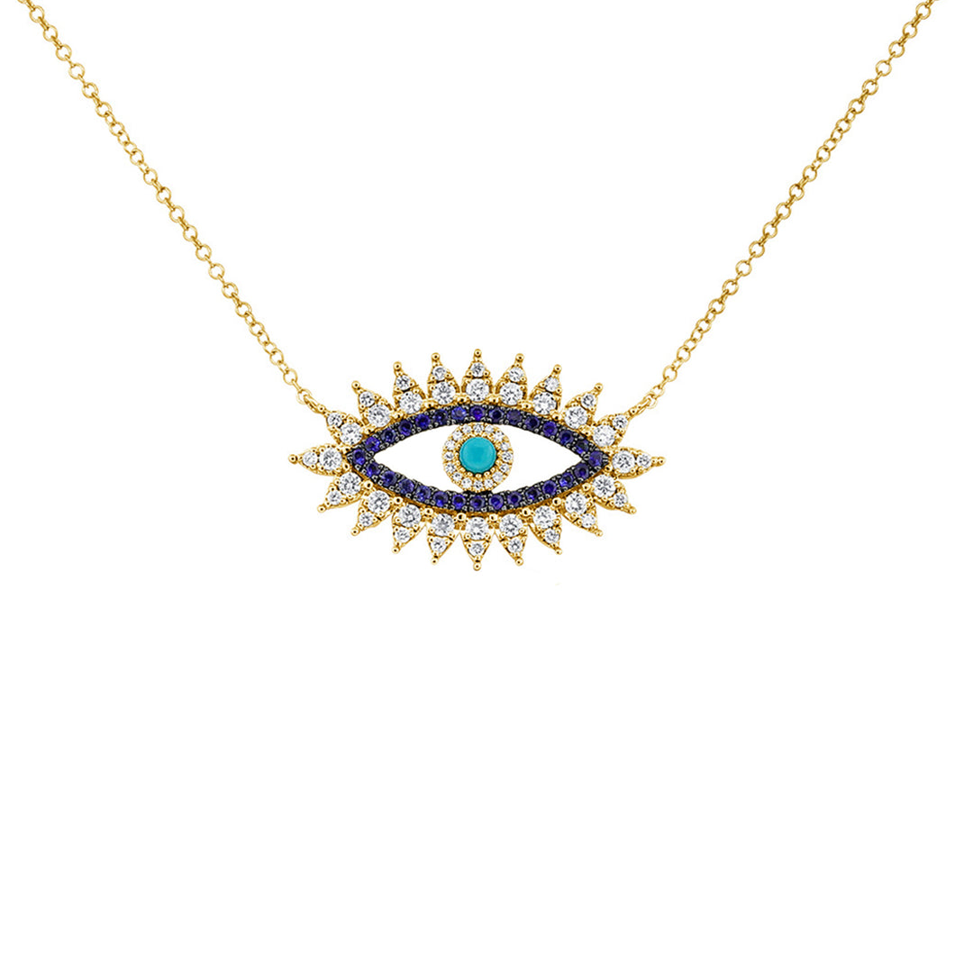14K GOLD DIAMOND SAPPHIRE AND TURQUOISE EVIL EYE NECKLACE