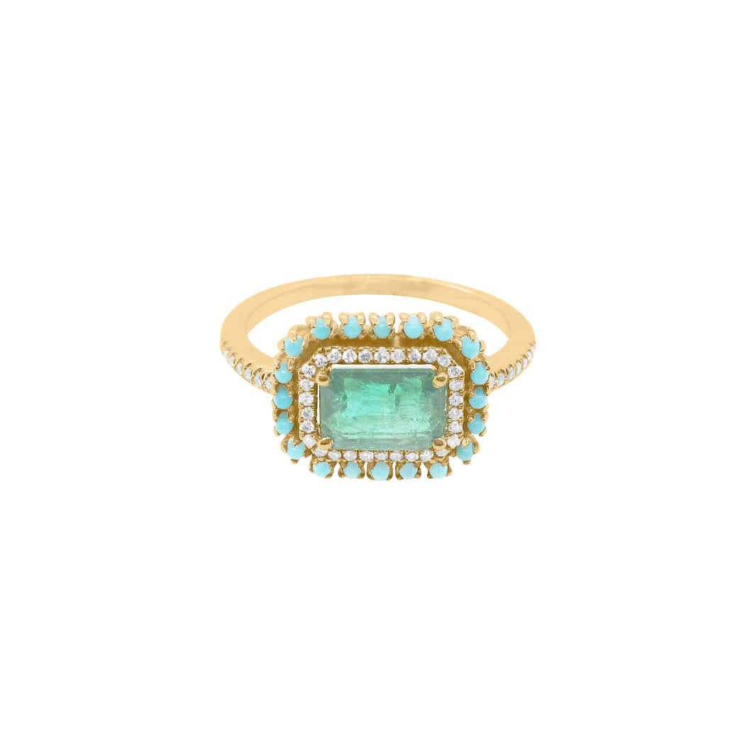 14K GOLD DIAMOND TURQUOISE AND EMERALD JULIE RING