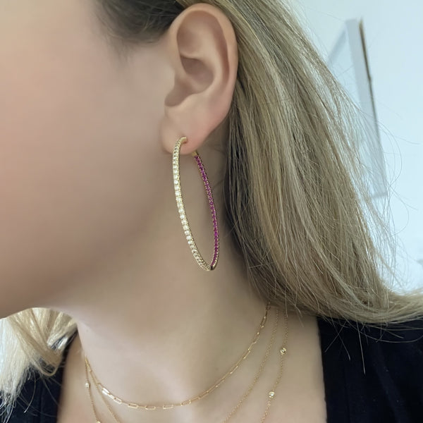14K GOLD DIAMOND AND RUBY LARGE AMELIA HOOPS