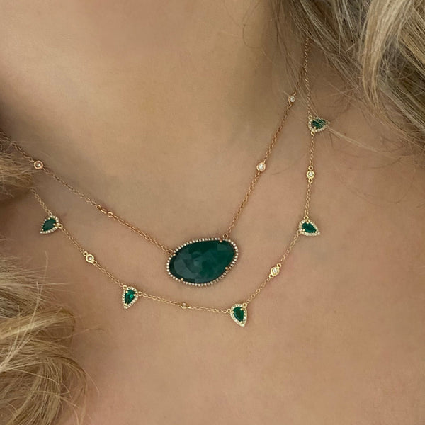 14K GOLD DIAMOND AND EMERALD CLEO TEARDROP NECKLACE