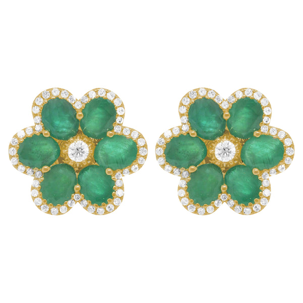 14K GOLD DIAMOND EMERALD LARGE CARRIE FLOWER STUDS