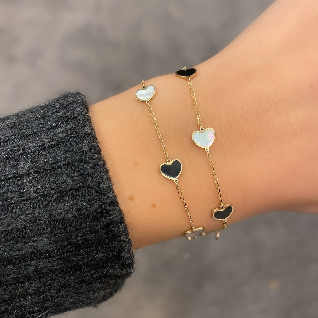 14K GOLD MOTHER OF PEARL AND ONYX SMALL MEGAN HEART BRACELET