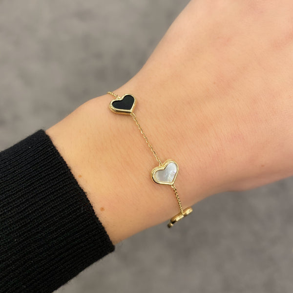 14K GOLD ONYX AND MOTHER OF PEARL LARGE MEGAN HEART BRACELET