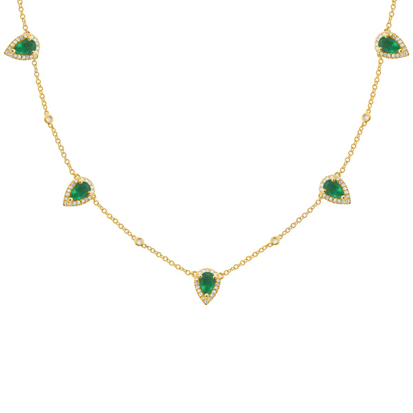 14K GOLD DIAMOND AND EMERALD CLEO TEARDROP NECKLACE