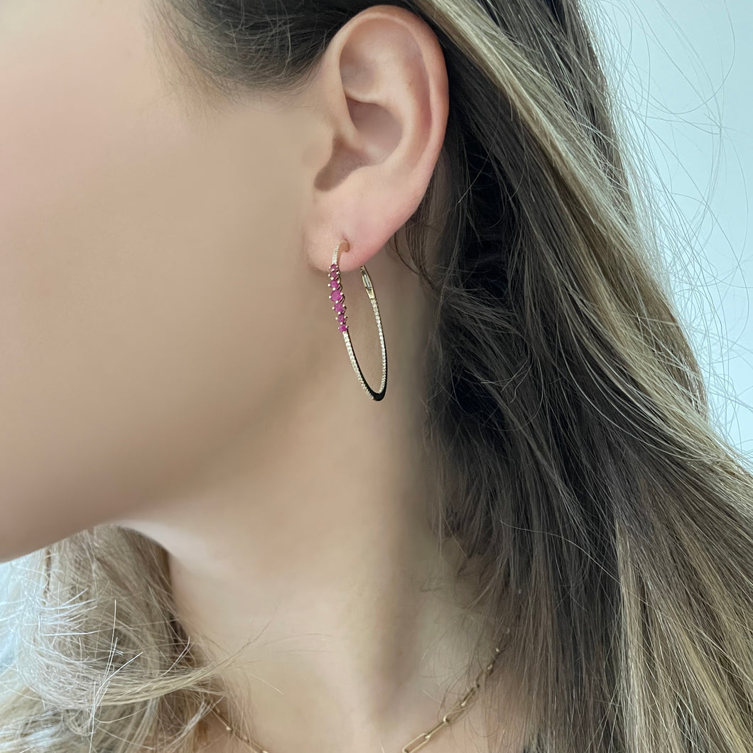 14K GOLD DIAMOND RUBY MEDIUM KARA HOOPS