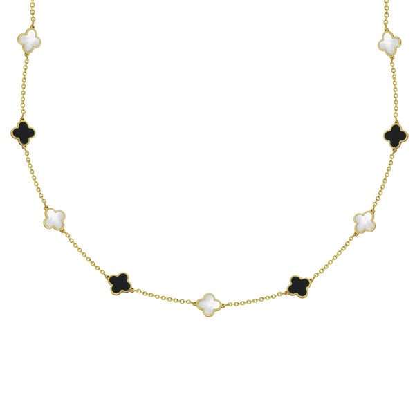 14K GOLD ONYX AND MOTHER OF PEARL MEGAN CLOVER NECKLACE