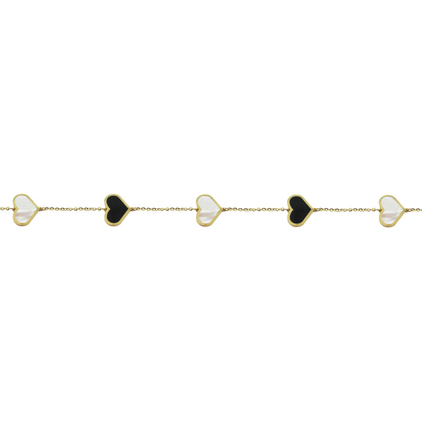14K GOLD ONYX AND MOTHER OF PEARL LARGE MEGAN HEART BRACELET